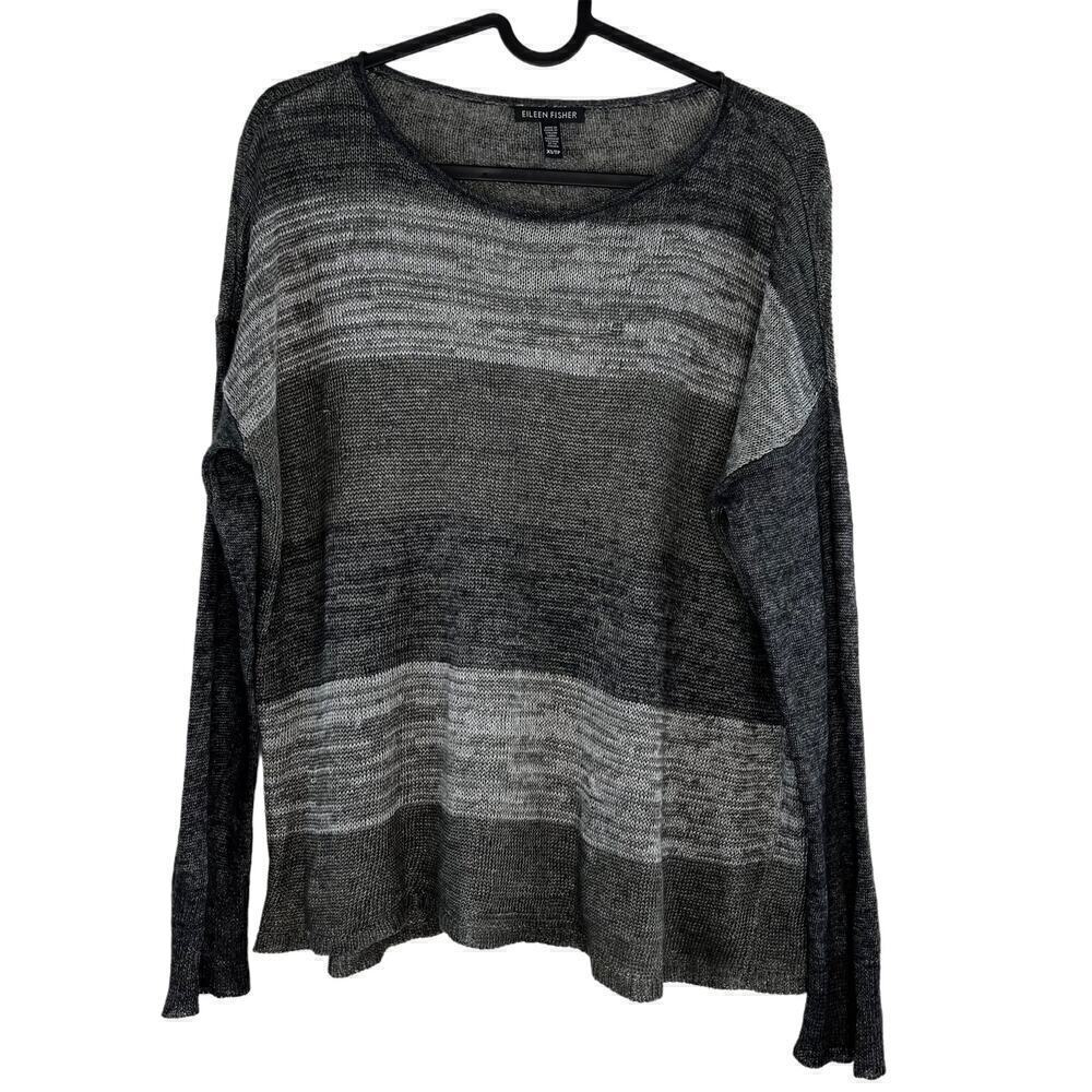 Eileen Fisher Linen Open Knit Grey Striped Sweater Size XS Fisherman Lagenlook